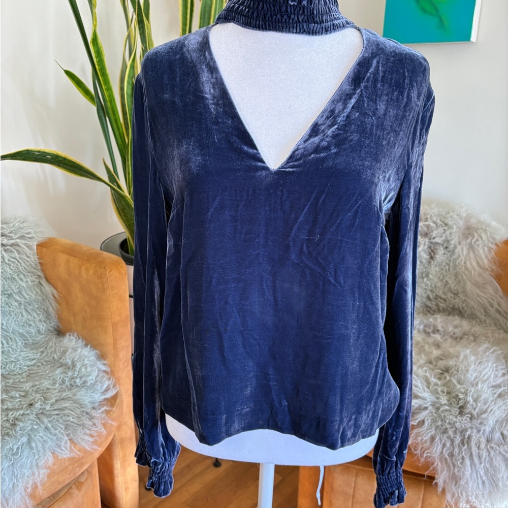 INTERMIX Navy Velvet V-Neck Blouse
